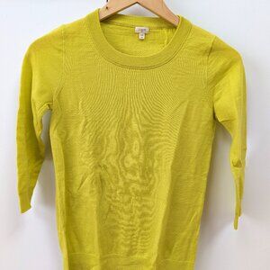 J Crew Citron Green 100% Merino Wool fitted crew neck sweater 3/4 sleeves, XXS